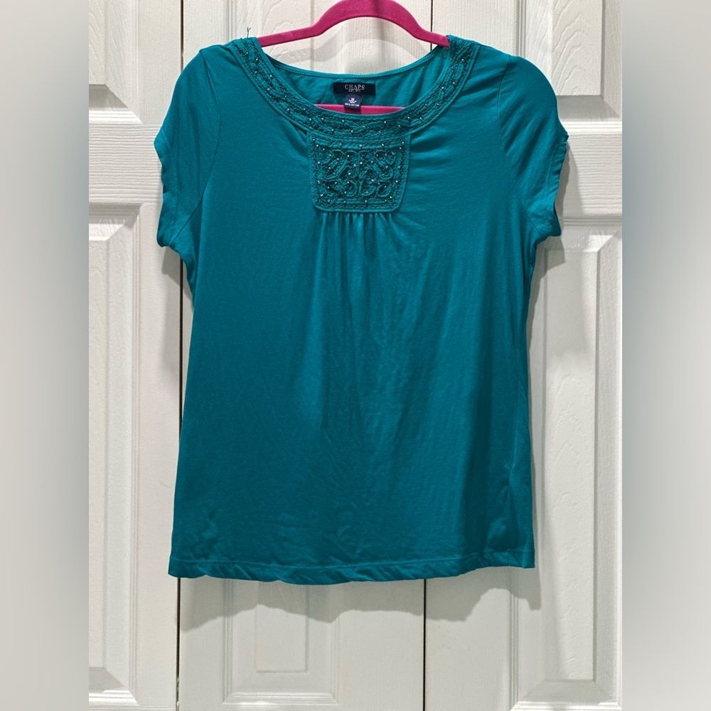 Chaps Green Fitted Blouse with Bib Collar